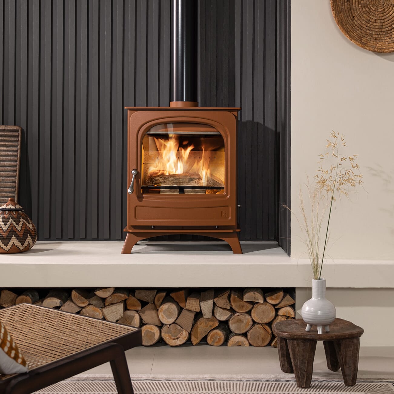 Arada Holborn 5 Widescreen stove shown in optional Terracotta colourway
