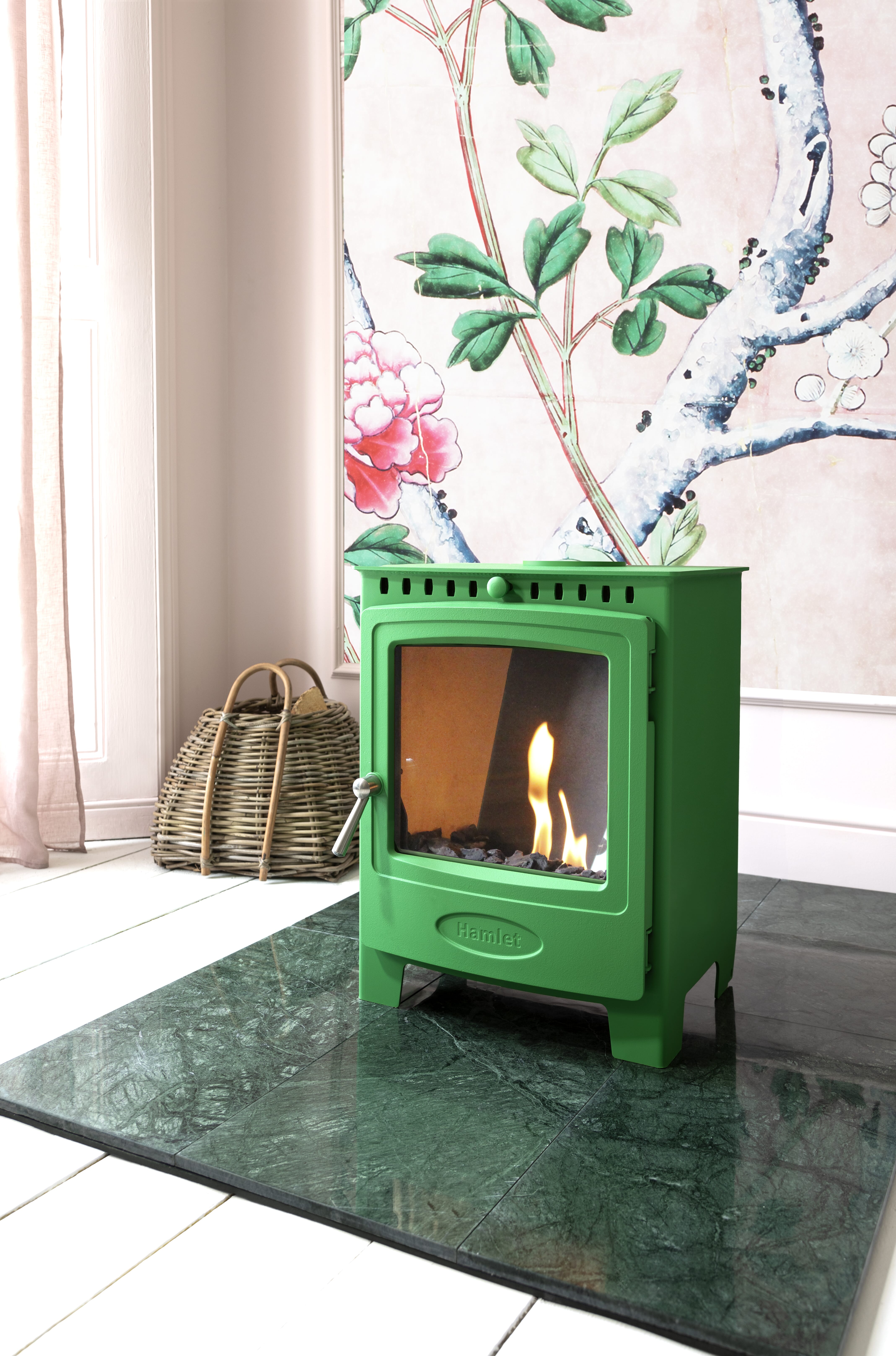 Hamlet Solution 5 Bioethanol stove shown without top flue and in optional Peapod green colourway